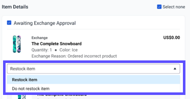 shows restock item drop down in the item details menu
