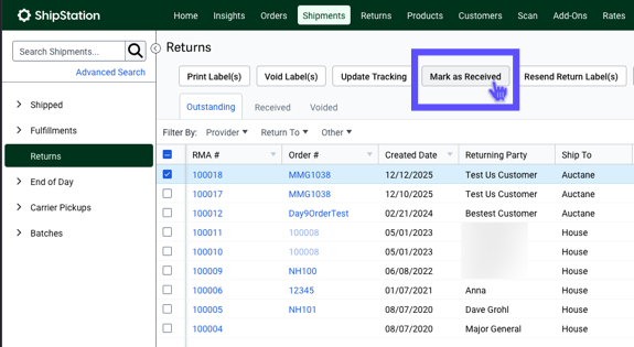 V3 Shipping Returns grid with Mark as Received button highlighted.