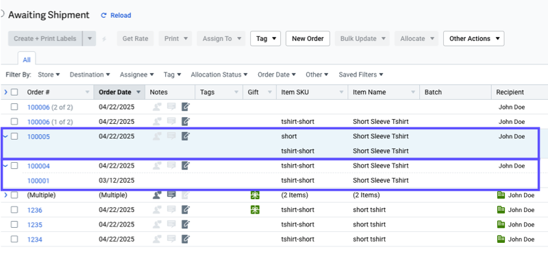 Orders grid with multi-item order expanded, showing the items and Order # of the combined order