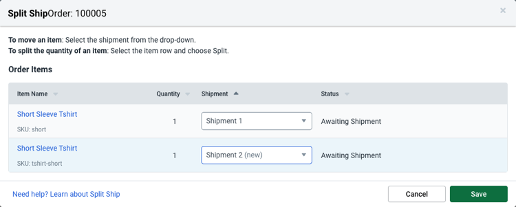 The Split Ship screen is shown.