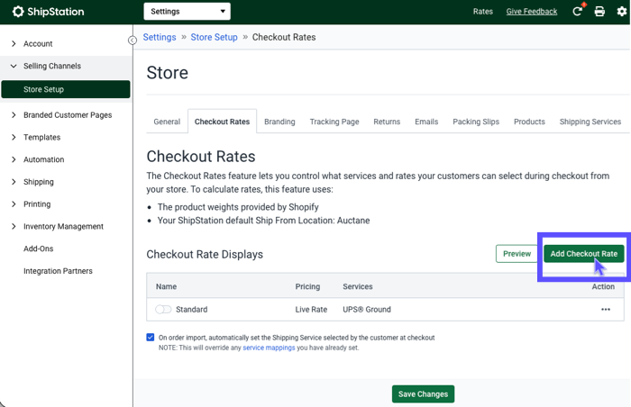Checkout Rates tab with the Add Checkout Rate button highlighted.