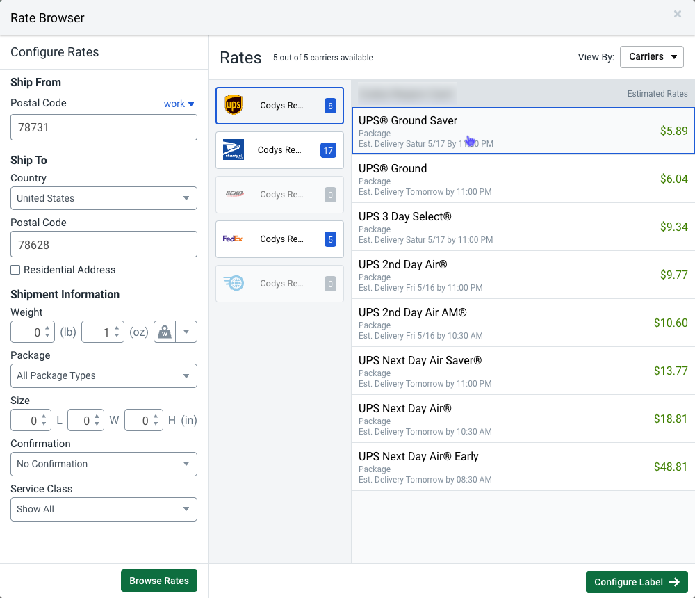 Rate Browser. UPS selected, and shows UPS rates