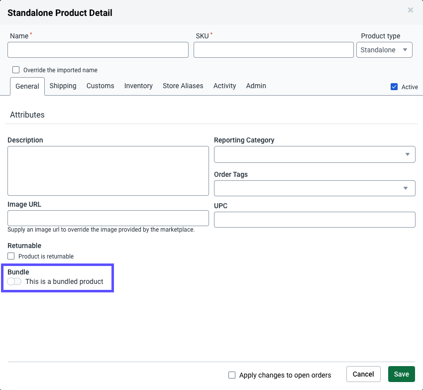 The stand alone product screen is shown with the this is a bundled product option selected.
