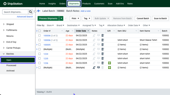 V3 layout with the Shipments tab marked and Open highlighted in the sidebar.