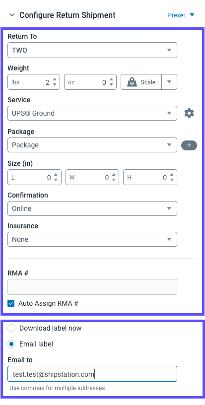The configure return shipment panel is displayed.