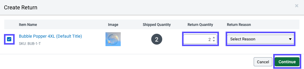 The create returns screen is displayed. A line item is selected and the quantity and reason fields are selected.