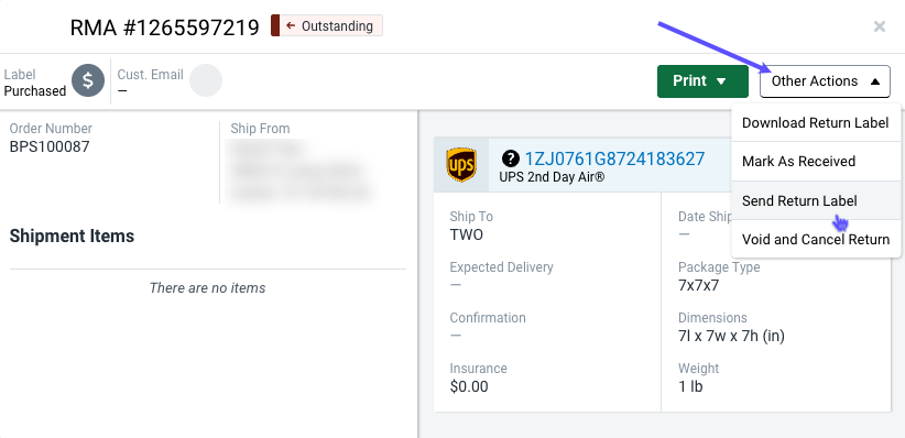 Return details screen. Red arrow points to Other Actions menu​​ with Send Return Label option selected