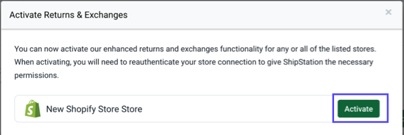 Activate Returns & Exchanges popup. Activate button shown