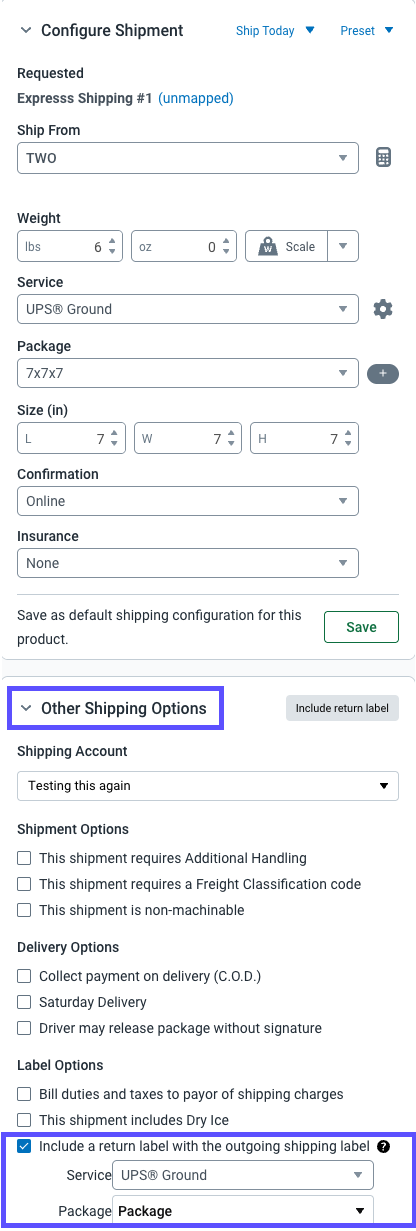 Shipping Sidebar with Other Shipping Options and Include a Return label options selected.