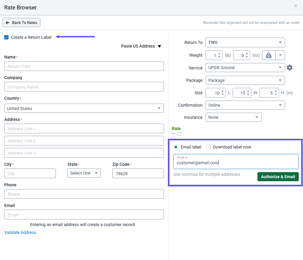 Rate Browser pop-up. Arrow points to Return Label checkbox, box outlines option to email & field for email address