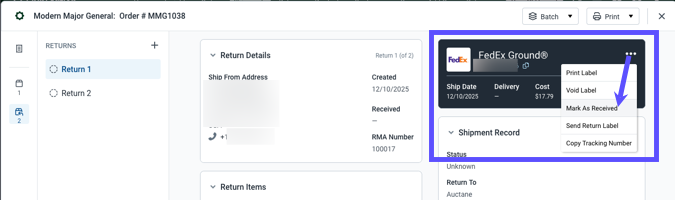 V3 Return Detail with arrow pointed to Other Actions menu with Mark as Received selected.