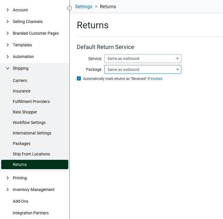 V3 Return Shipping Settings screen used to set a Default Return Service (Set Service & Package type)