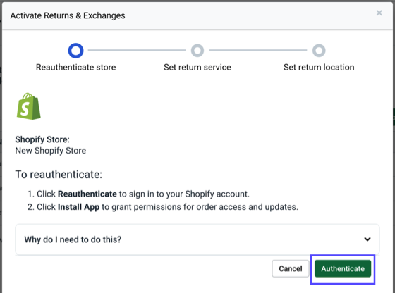Activate Returns & Exchanges popup. Authenticate button shown.