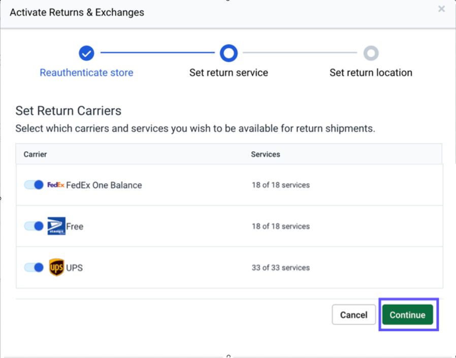 Shows the list of available carriers and the Continue button