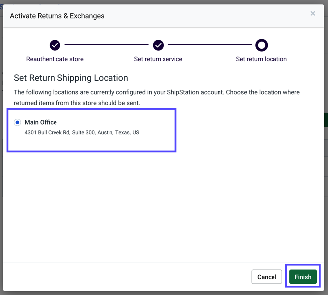Shows the radio button & address for the Return Shipping Location option or options