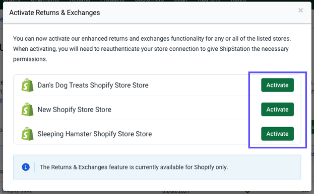 Shows the Activate button beside each available store
