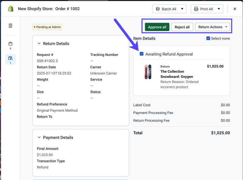 Return, Payment, & Item Details fields. Approve, Reject, & Return Actions buttons + Awaiting Approval check box shown