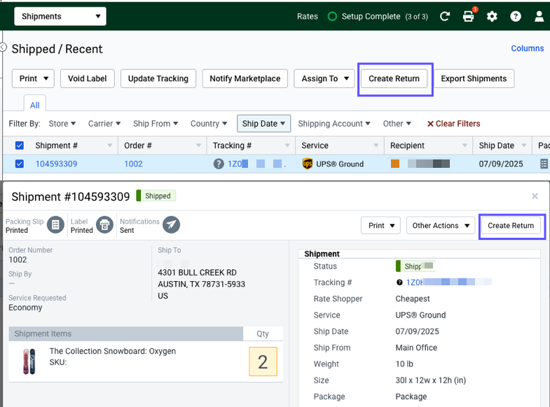 Shows 2 locations for the Create Return button: Orders grid & Order Details