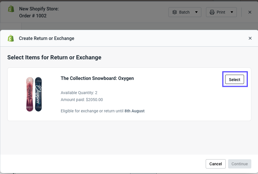 Create Return popup. Shows a product selected from an order