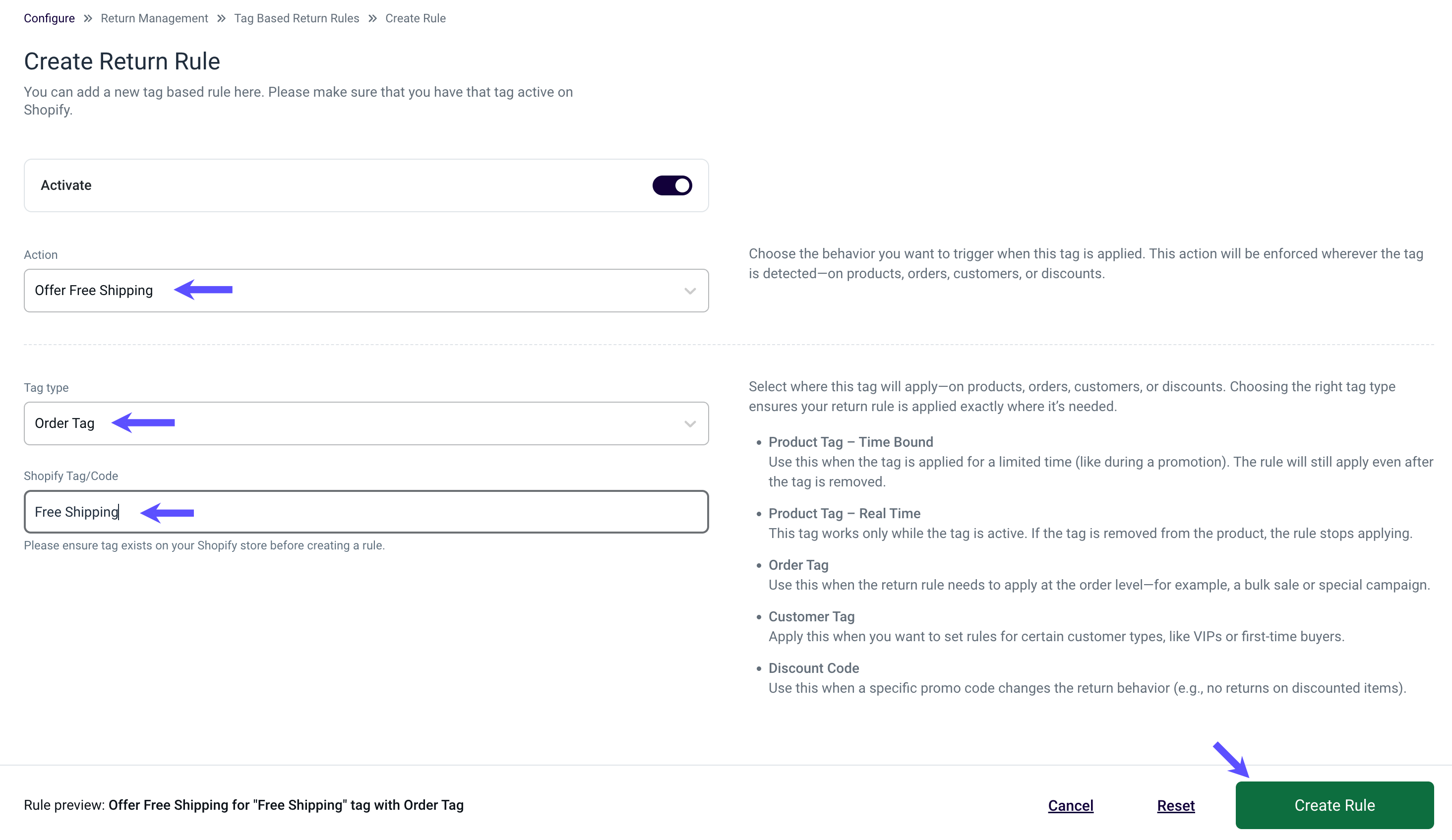 Shows the Action, Tag-Type, & Shopify-Tag/Code fields, as well as the Create-Rule button