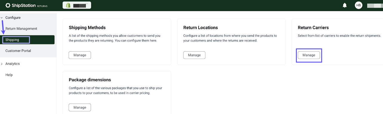 Configure-Returns-Settings. Shipping selected in the side-nav & the Manage button is MaRKed