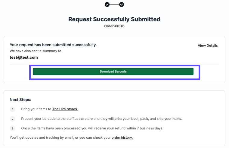 Shows Download-barcode button for No-­Box-­No-­Label ­return