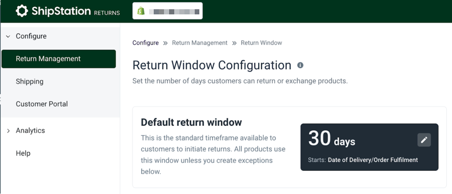 Returns Management. Return-Window-Configuration page. Shows Default set to 30 days.