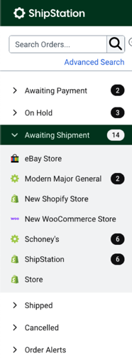 V3 Orders tab left-hand sidebar, Order statuses. Red box highlights Awaiting Shipment status.