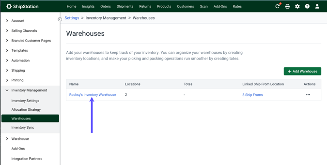 Inventory Warehouses: Purple box arrow points to warehouse name