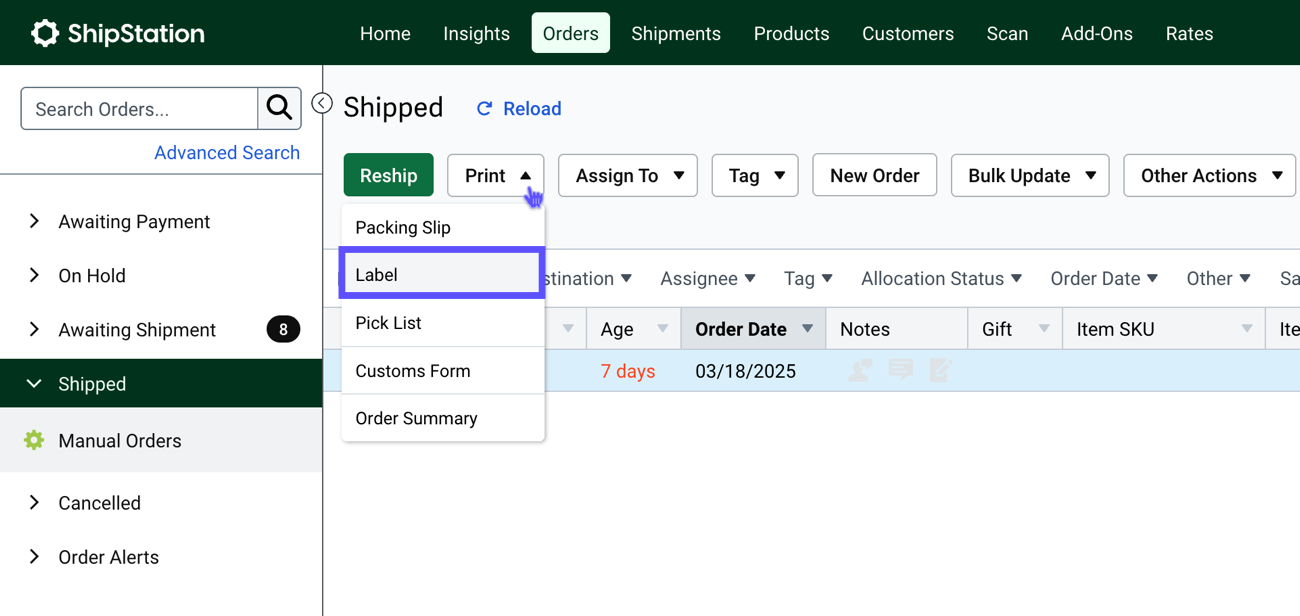 Shipments tab, Print menu, select Label option highlighted