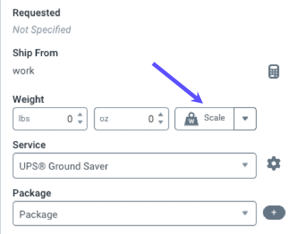 Arrow points to the scale button in the configure shipment widget.