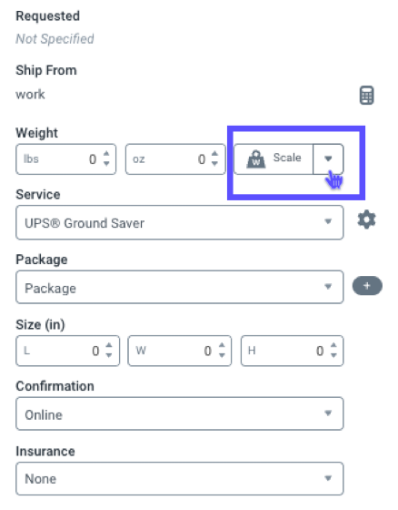 The configure shipment widget with the scale button outlined