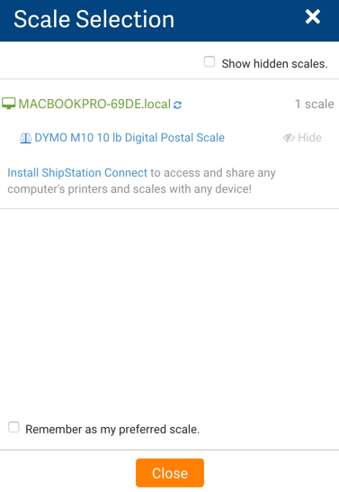 Scale Selection pop-up lists available scales. Checkbox option: Remember as my preferred scale. "Close" button.