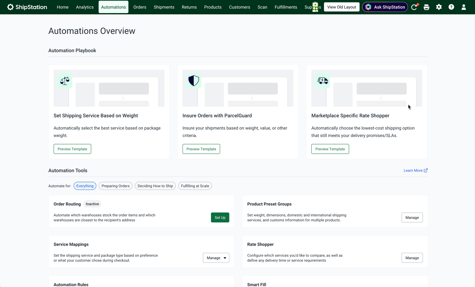 Shows the Automations Overview page. Click Automations in the toolbar to visit..