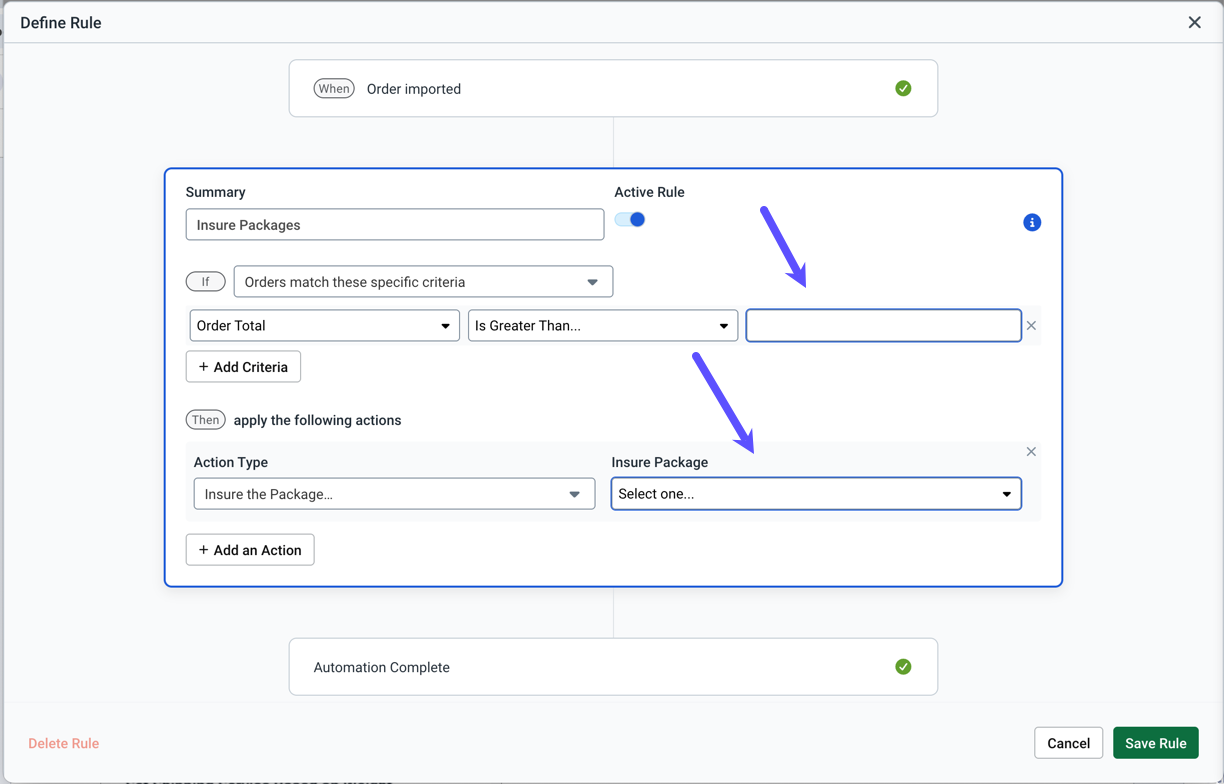 Insurance Template. Shows Fields that require user input outlined in blue in the UI