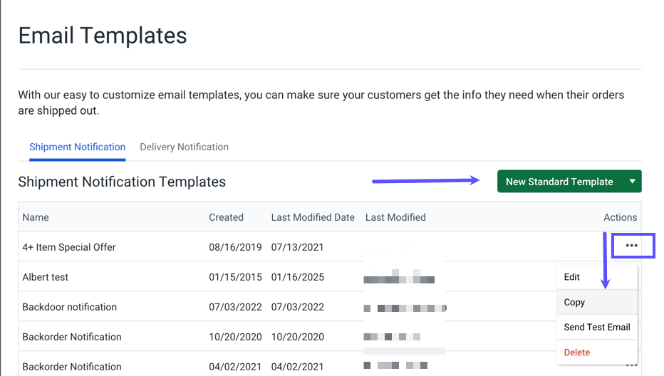 Email Template settings with arrows pointing to New Email Template button and Copy action.