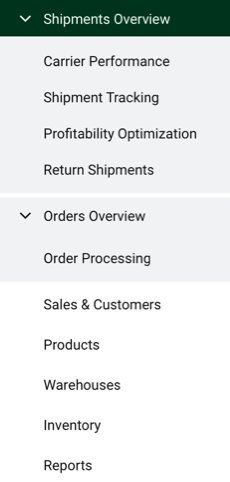 Analytics sidebar. Options are: Shipments overview, Orders Overview, Sales & Customers, Products, & Reports
