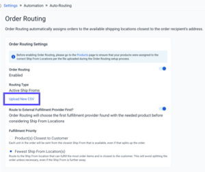 Settings > Automation > Auto-Routing. Shows the Upload-New-CSV link