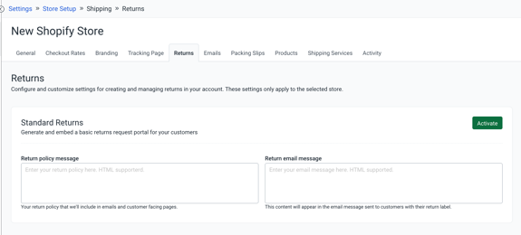 Store Setup page: Returns tab. Red box shows Branded Returns Portal as being toggled On.