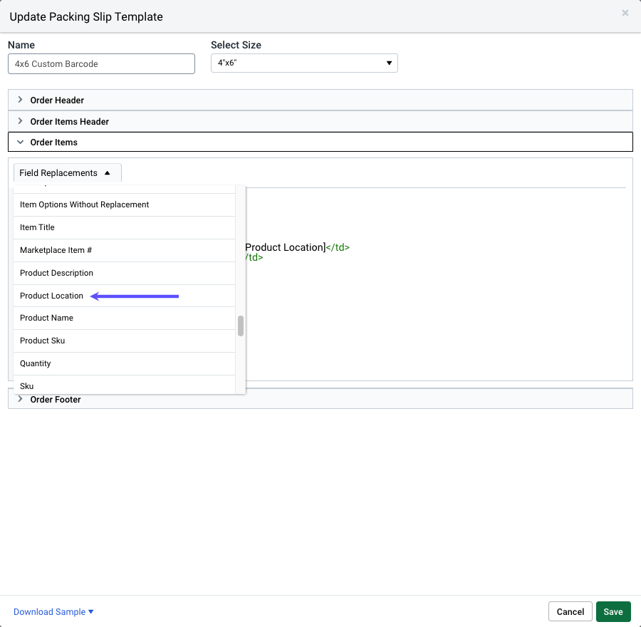 Edit Packing Slip Template. Shows Product Location in HTML code, & arrow points to Product Location button in sidebar.