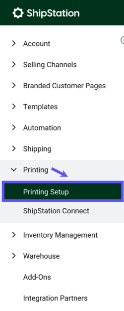 Settings side navigation. Under Printing dropdown, a box highlights the Printing Setup option.