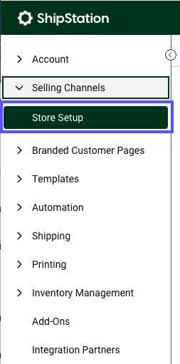 Settings page, side navigation. A box highlights the Store Setup option under Selling Channels