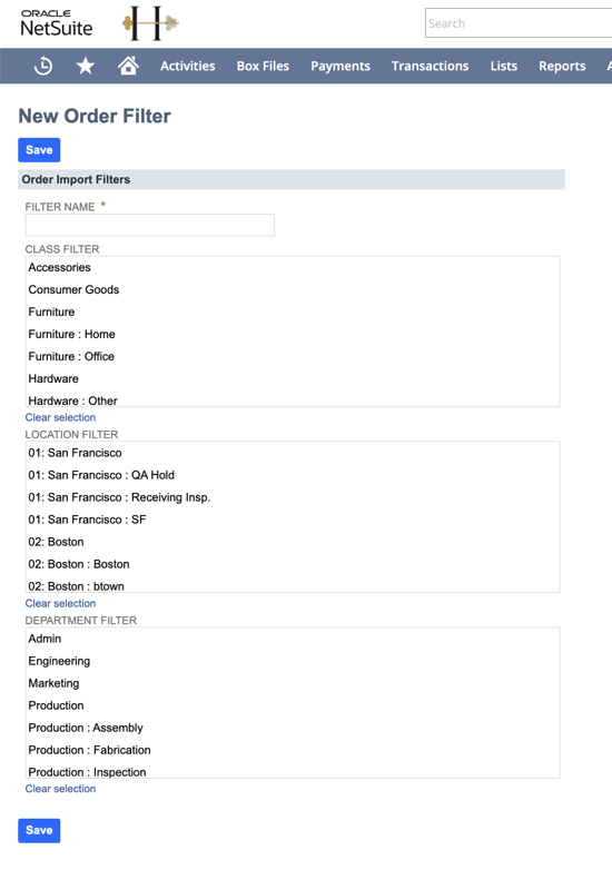 NetSuite's New Order Filter page and filter options
