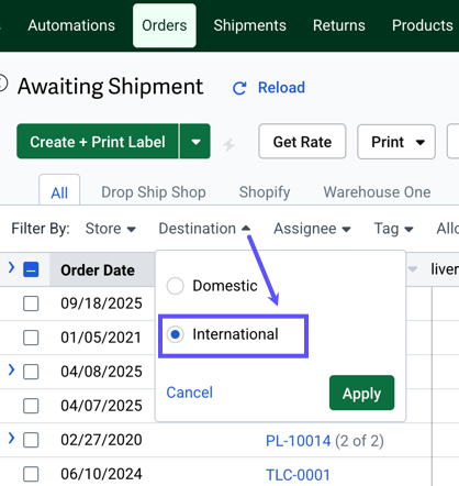 Orders grid. Destination filter menu open, International selected