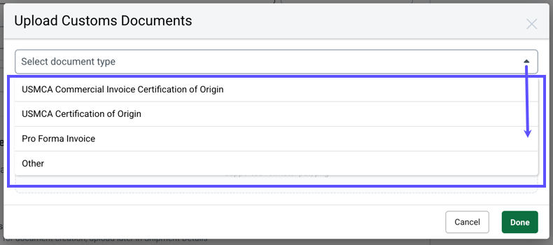 Select-Document-type menu shown open in Upload Customs Documents Popup.