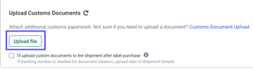 Upload file button shown marked in the Upload Customs Document section.