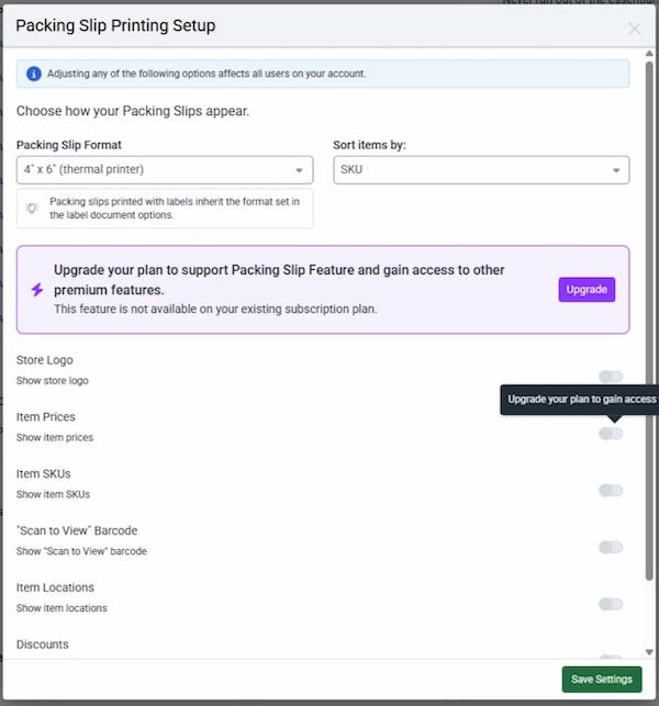 Packing Slip Setup popup. Format, Order Items by, Store Logo, Item Prices, Item SKUs, Scan to View barcode, & Item Locations.