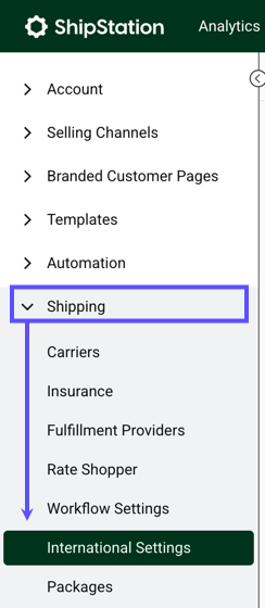 Settings sidebar with Shipping section open and International section highlighted.