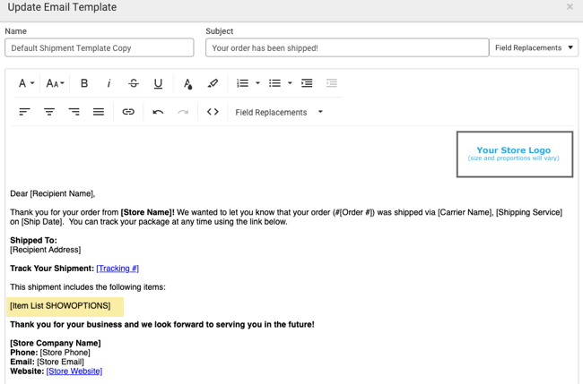 Feld-Ersetzung „Item List SHOWOPTIONS“ in der E-Mail-Vorlage hervorgehoben