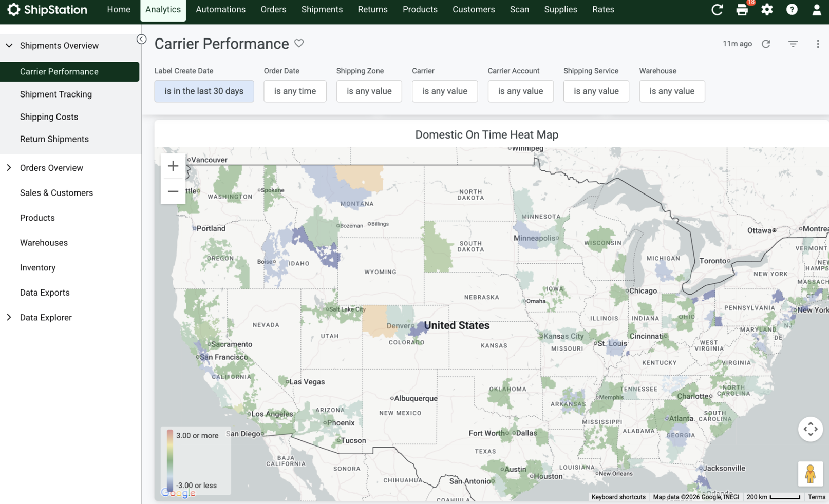 Analytics. Carrier Performance. Shows US map + delivery area activity
